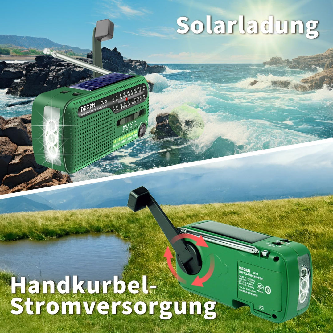 DEGEN DE13 Kurbelradio Tragbares Solar Radio FM AM SW Eingebaute Wiederaufladbare Batterie LED Dynam