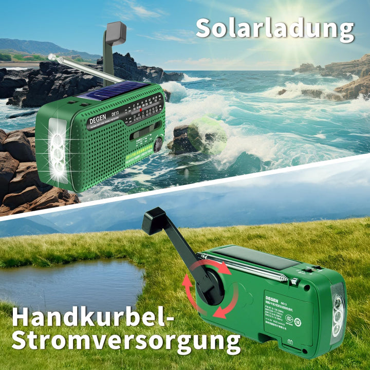 DEGEN DE13 Kurbelradio Tragbares Solar Radio FM AM SW Eingebaute Wiederaufladbare Batterie LED Dynam