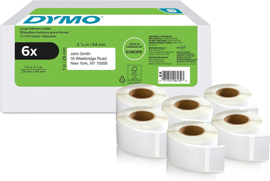 DYMO Original LabelWriter Rücksendeadressetiketten | 25 mm x 54 mm | 6 Rollen mit je 500 leicht ablö