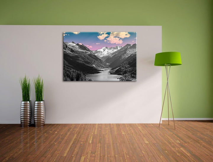 ruhiger See in verschneiter Berglandschaft schwarz/weiss Format: 100x70 auf Leinwand, XXL riesige Bi