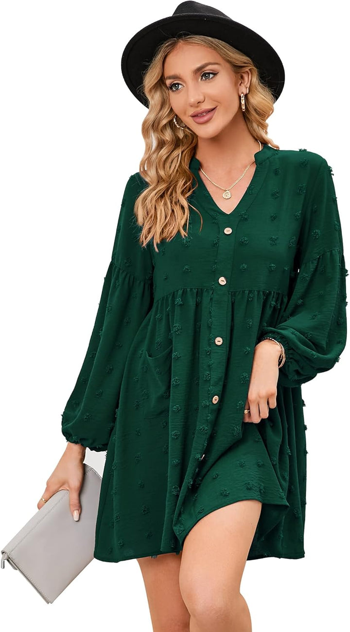 KOJOOIN Damen Tunika Kleid Langarm Swing Kleid kurz V-Ausschnitt Knopfleiste Blusenkleid Swiss Dot C