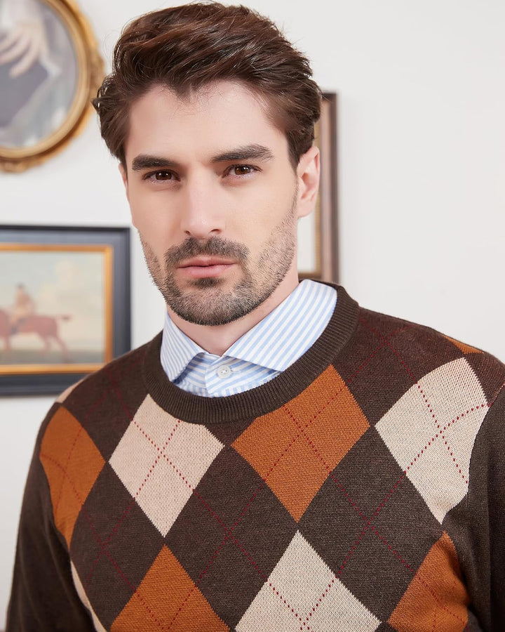 Kallspin Herren Wollmischung Strickpullover Argyle Rundhalsausschnitt Pullover Sweater S Braun, S Br