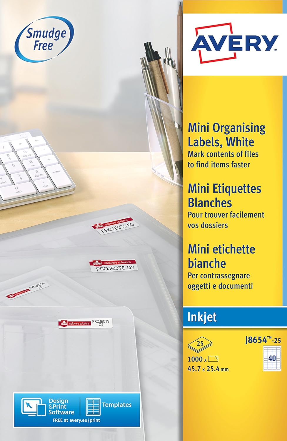 Avery J8654-25 Mini-Etiketten für Tintenstrahldrucker (40 pro Blatt, 45,7 x 25,4 mm) 1000 Etiketten