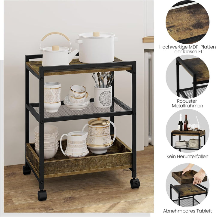 WOLTU Beistelltisch Couchtisch Sofatisch Nachttisch, mit Rollen, feststellbar, 3 Ablagen 1 abnehmbar