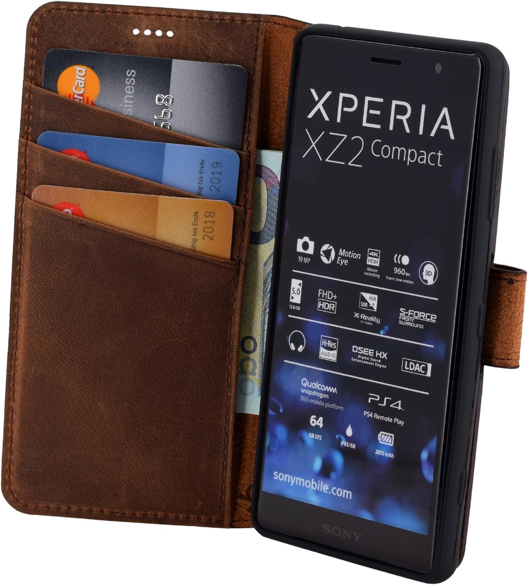 Suncase Book-Style kompatibel für Sony Xperia XZ2 Compact Hülle (Slim-Fit) Leder Tasche Handytasche