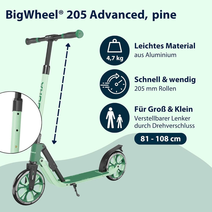 HUDORA BigWheel® 205 Advanced Scooter - Komfortabler Aluminium-Roller für bis zu 100kg - Höhenverste
