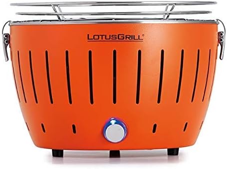 LotusGrill S Small Kompakt Mandarinenorange der raucharme Holzkohle-/Tischgrill Stromversorgung via