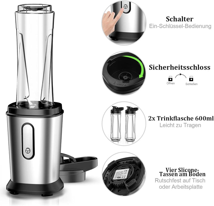 Mixer, 500W Mini Standmixer & Smoothie Maker mit 2x600ml Flaschen BPA frei Tritan, Tragbarer Mixer S