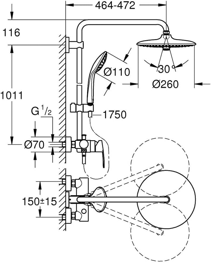 GROHE Vitalio Joy 260 - Duschsystem mit Einhandmischer (wassersparend, 3 Strahlarten, Wandmontage, A
