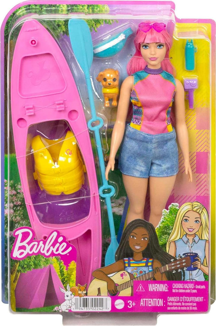 Barbie Camping Serie, Barbie-Puppe mit rosa Haaren, Kajak, Welpe, Schwimmweste, Barbie Accessoires,
