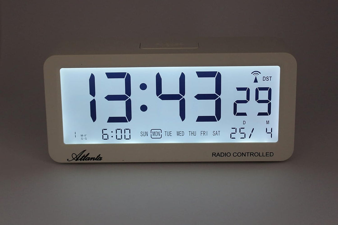 Atlanta Funkwecker Digital-Wecker LCD Snooze Licht Lautlos Ohne Ticken 3 Weckzeiten Alarme Weiss - 1