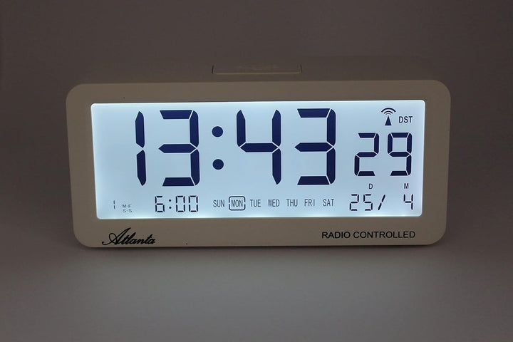 Atlanta Funkwecker Digital-Wecker LCD Snooze Licht Lautlos Ohne Ticken 3 Weckzeiten Alarme Weiss - 1