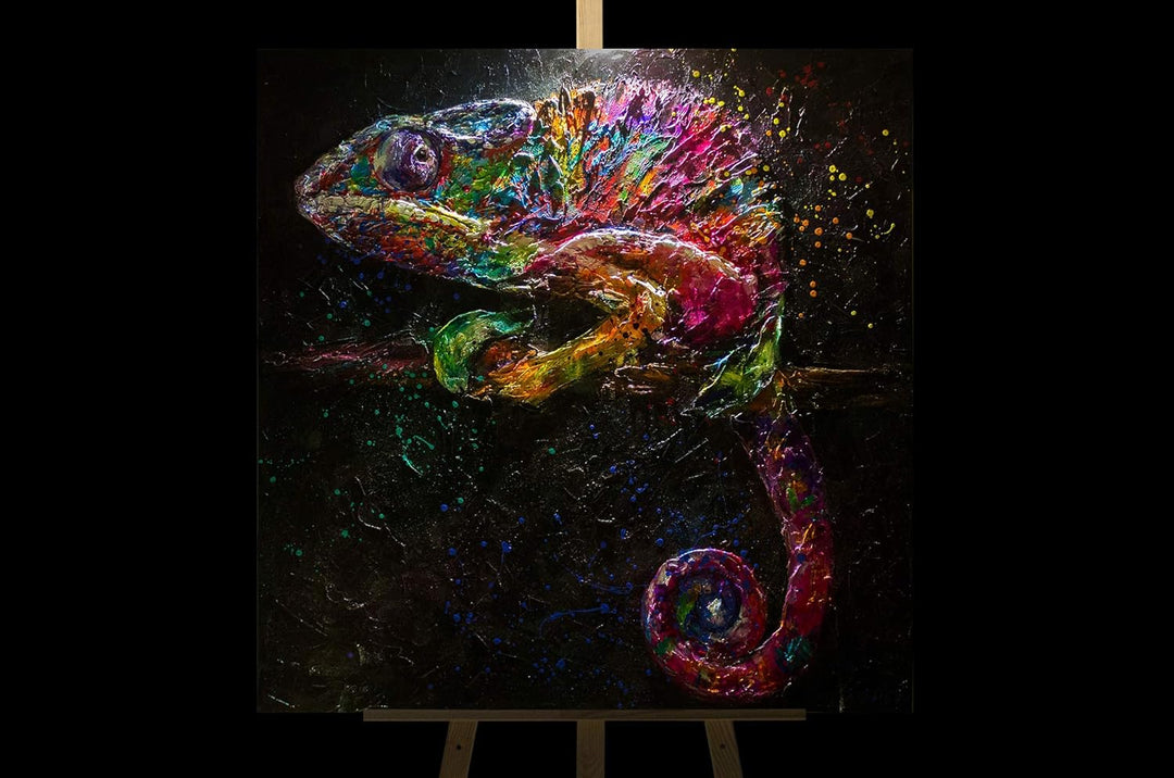 YS-Art XXL Abstrakt Acryl Gemälde auf Leinwand Chamäleon handgemalt Wandbilder bunt Pop Art Farbenfr