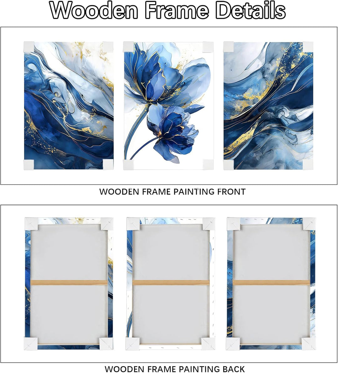 3Pcs Aquarell Gold Blau Lotusblume Mit Rahmen Leinwand Bilder Abstrakt Marineblau Marmor Bild auf Le
