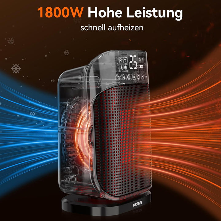 YASHE Heizlüfter, 1800W PTC Keramik-Heizlüfter, Elektrischer Heizung Energieeffizient, 75 ° Oszillat