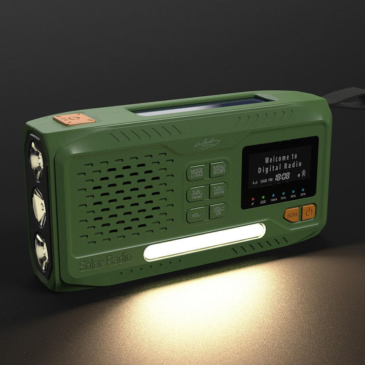 infactory Notfallradio: Mobiles DAB+-Kurbelradio mit EWF, Solarpanel, LED, USB, Bluetooth 5 (Radios,