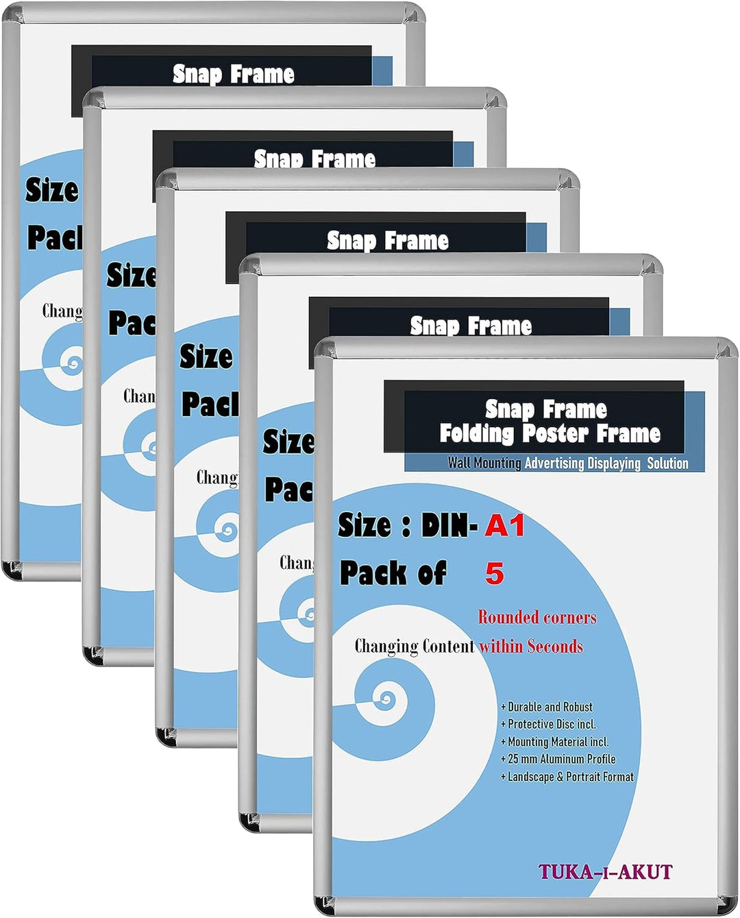 TUKA-i-AKUT 5er Aluminium Klapprahmen DIN A1 | 25 mm Profil | Abgerundete Ecken | Schutzscheibe Befe