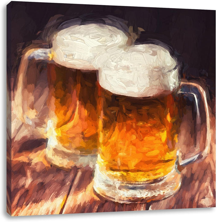 Pixxprint Zwei Masskrüge Bier als Leinwandbild/Grösse: 70x70 cm/Wandbild/Kunstdruck/fertig bespannt,