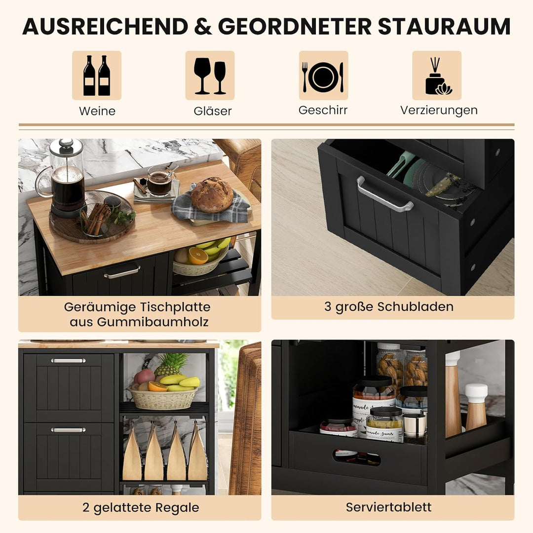 COSTWAY Küchenwagen mit Tablett, Regalen und 3 grossen Schubladen, Küchenschrank rollbar, Kücheninse