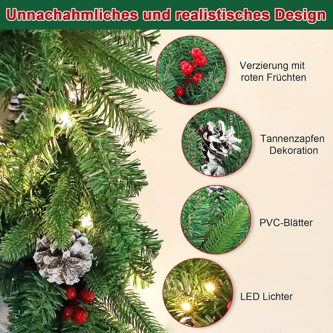 UISEBRT Weihnachtsgirlande mit Beleuchtung Tannengirlande 5m, mit 75 LEDs Tannenzapfen Rote Beere Kü