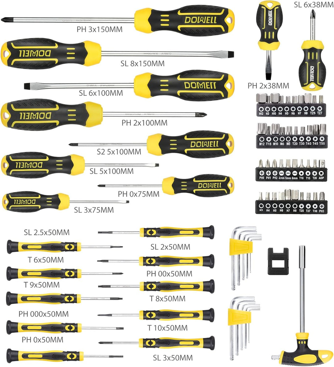 DOWELL Magnetischer Schraubendreher Set Schlitz/Phillips/Torx 108-teilig Stubby Schraubendreher Mini