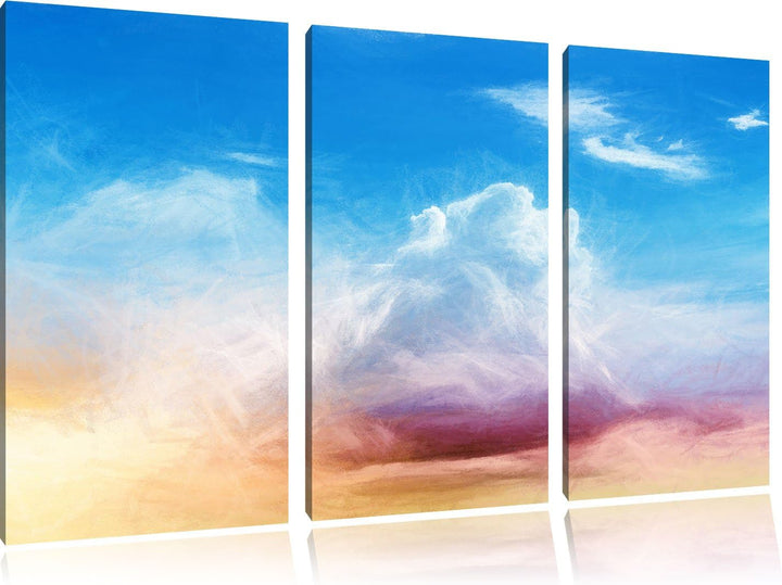 Pixxprint Wolkiger Himmel bedeckt Sonne Bunstift Effekt 3-Teiler Leinwandbild 120x80 Bild auf Leinwa