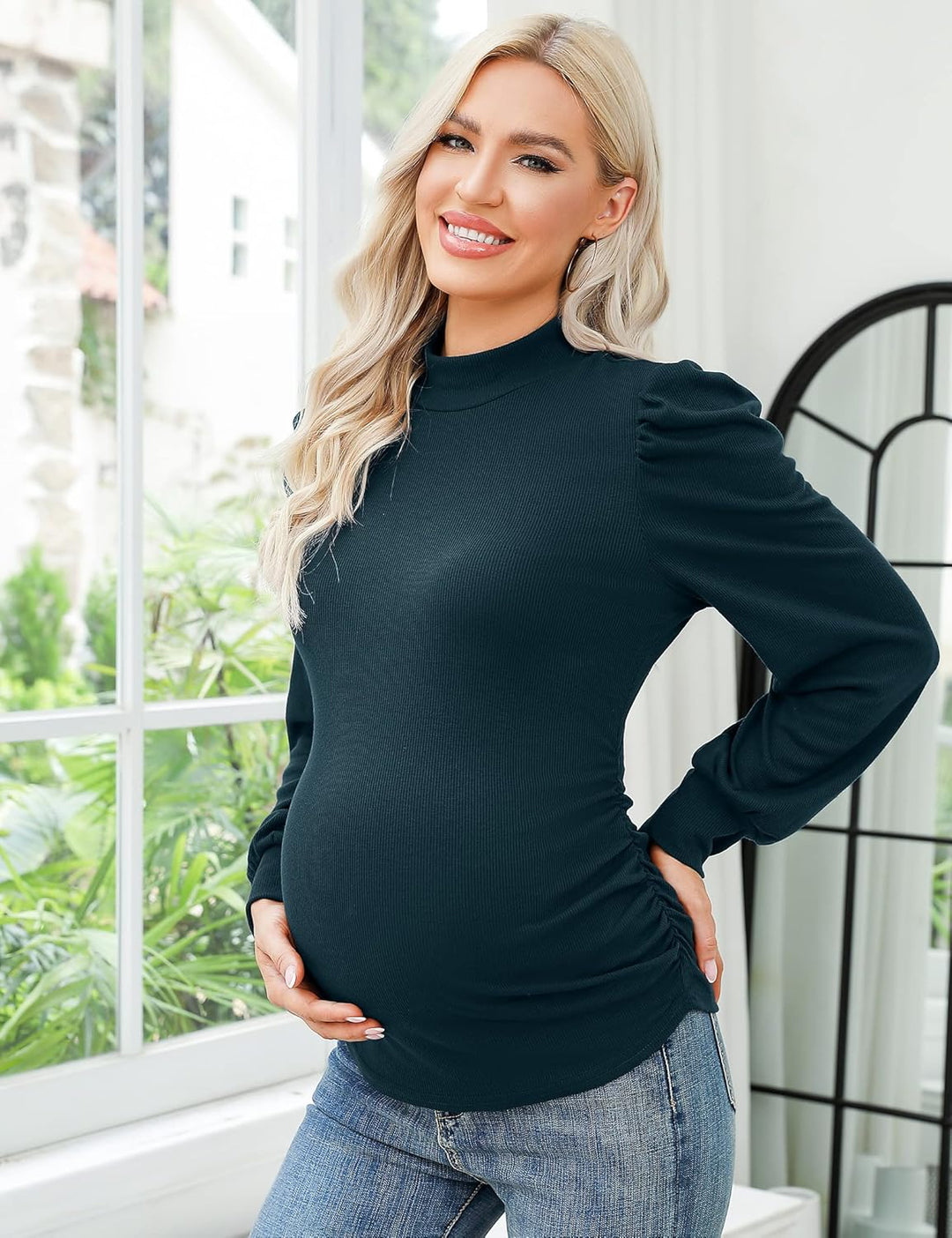 KOJOOIN Damen Umstandsshirt Langarm Umstandsbluse Rollkragen Umstandsmode mit Seite Geraffen Dunkelg