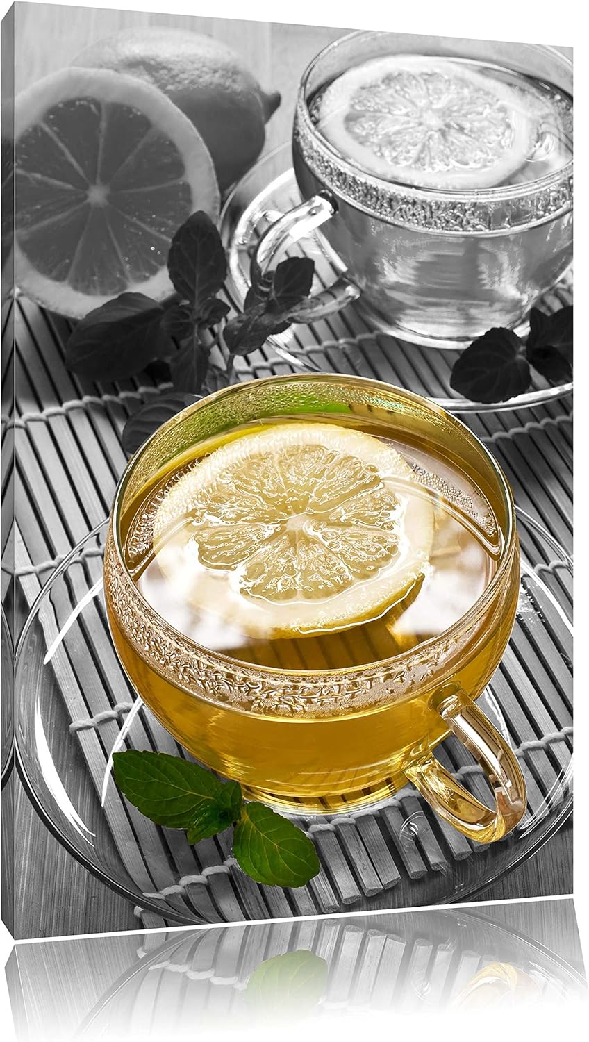Grüner Tee mit Zitrone schwarz/weiss Format: 100x70 auf Leinwand, XXL riesige Bilder fertig gerahmt