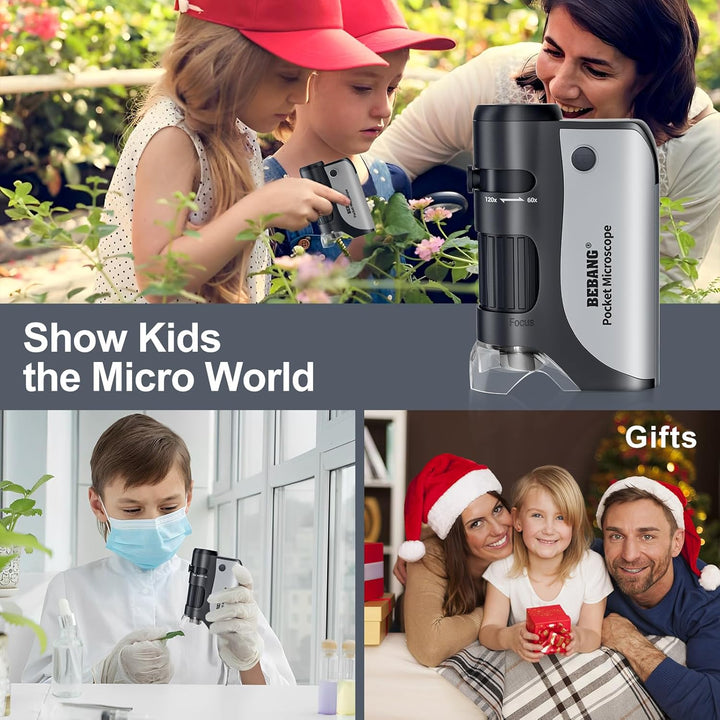 BEBANG 60x-120x Taschenmikroskop, Handheld-Mini-Mikroskop für Kinder mit LED-beleuchtetem Zoom, trag