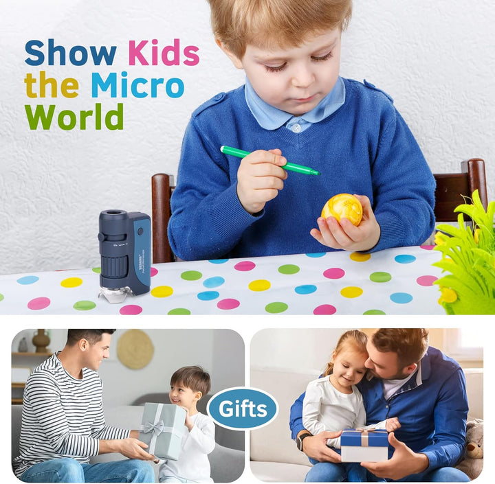 BEBANG Taschenmikroskop für Kinder, handgehaltenes Mini-Mikroskop mit LED, 5 vorbereitete Objektträg