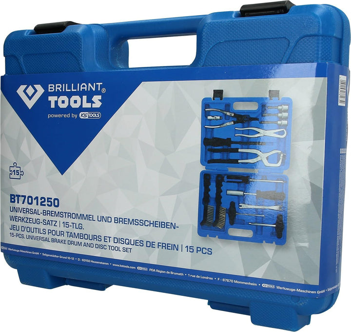 BRILLIANT TOOLS BT701250 Universal-Bremstrommel und Bremsscheiben -Werkzeug-Satz | 15-tlg. [Powered