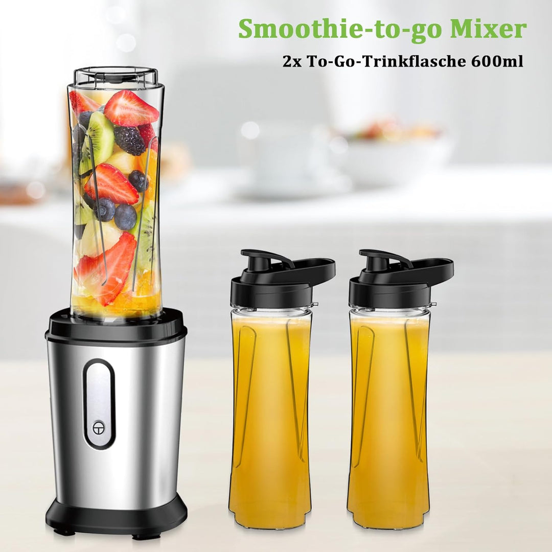 Mixer, 500W Mini Standmixer & Smoothie Maker mit 2x600ml Flaschen BPA frei Tritan, Tragbarer Mixer S
