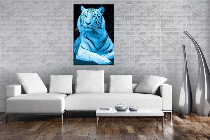 deyoli majestätischer Tiger Format 80x60 Effekt: Monocrome Blau als Leinwandbild, Motiv fertig gerah