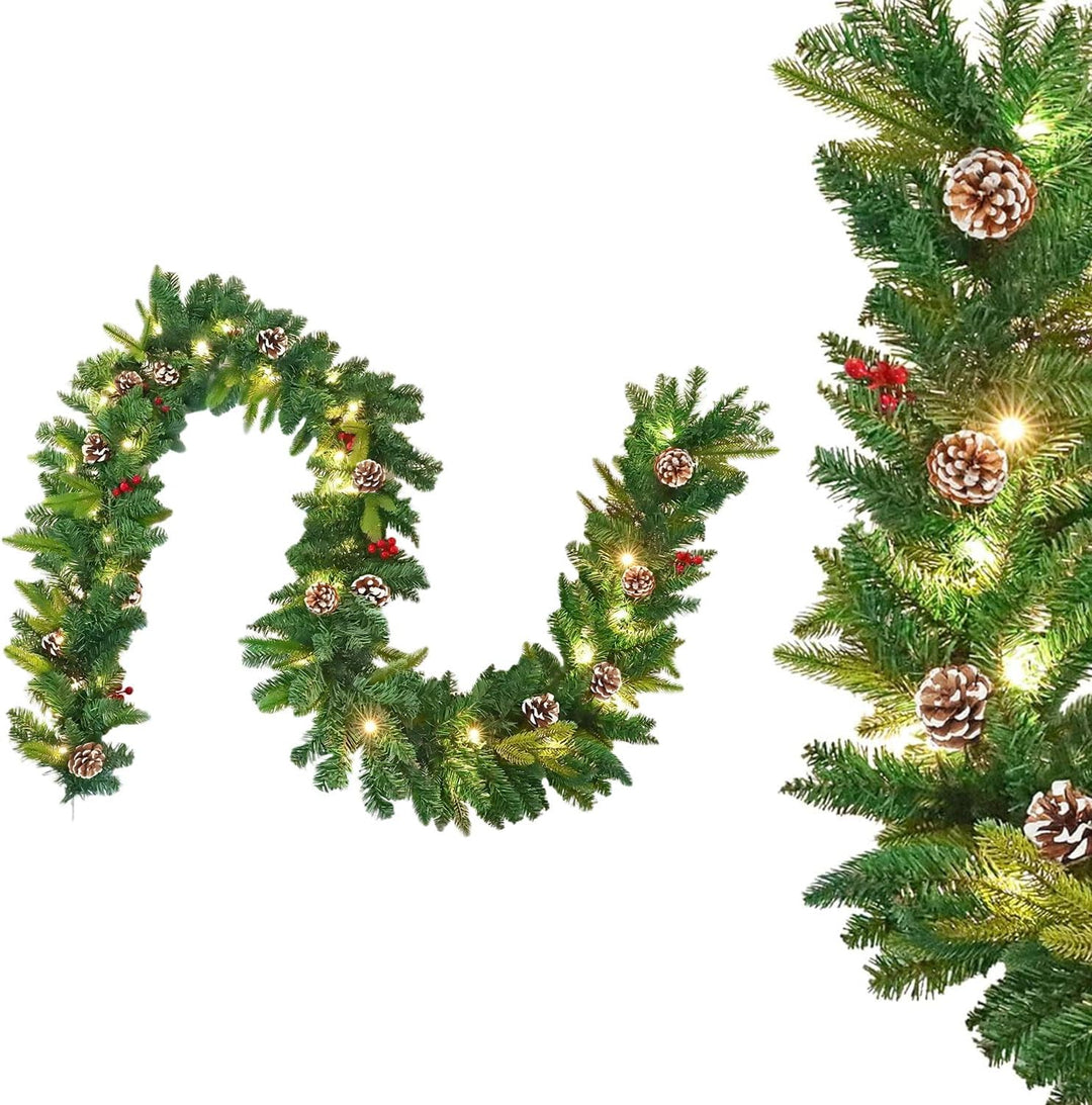 UISEBRT Weihnachtsgirlande mit Beleuchtung Tannengirlande 3m, mit 50 LEDs Tannenzapfen Rote Beere Kü