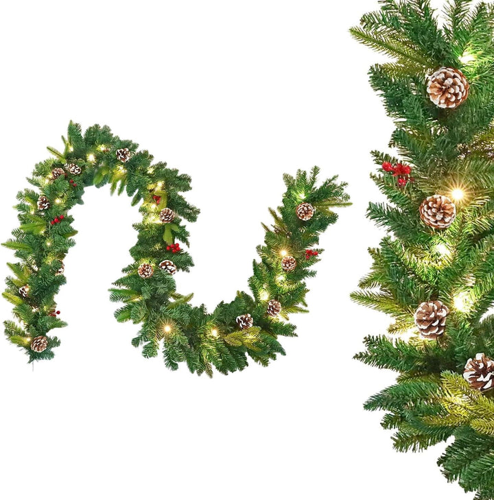 UISEBRT Weihnachtsgirlande mit Beleuchtung Tannengirlande 3m, mit 50 LEDs Tannenzapfen Rote Beere Kü