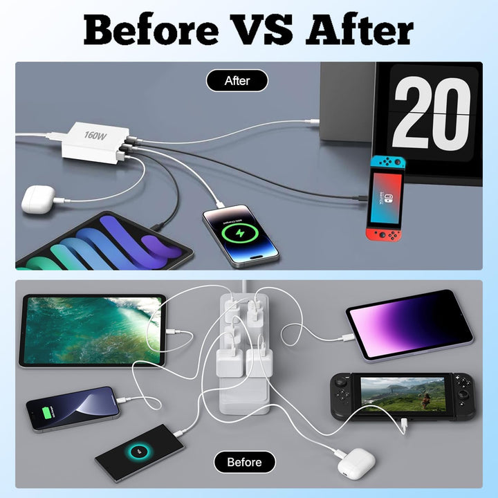 USB C Ladegerät,160W GaN 6 Port Mehrfach Ladestation,Schnellladegerät PD USB C Desktop Ladegerät kom
