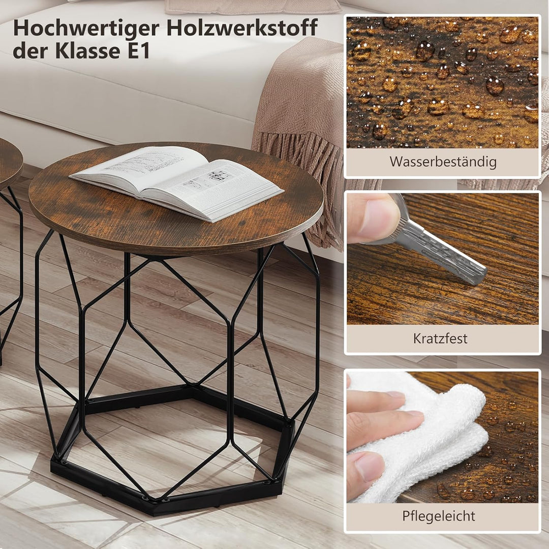WOLTU 2er Set Couchtisch, Beistelltisch mit runder Tischplatte, Sofatisch mit hohlem Metallrahmen, W