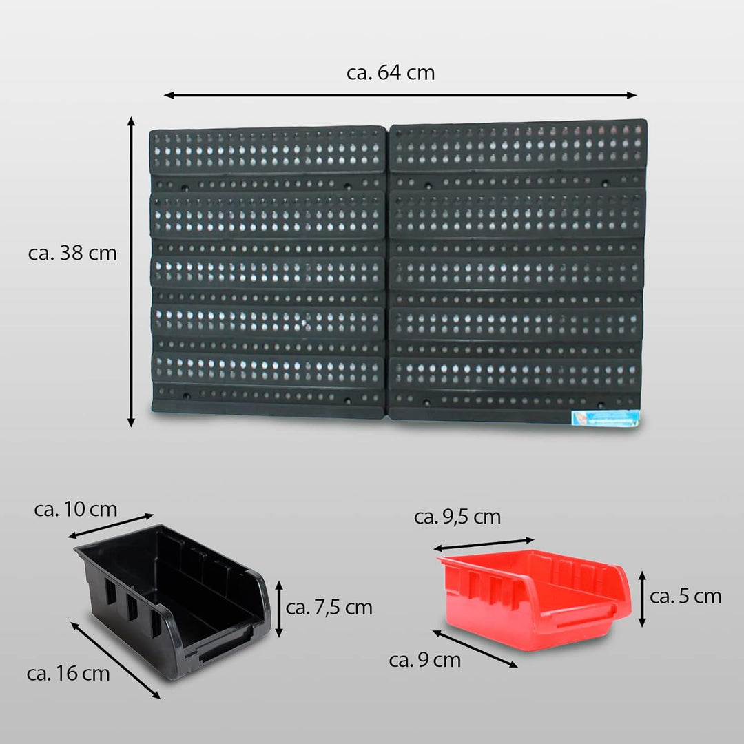 TRUTZHOLM Stapelboxen mit Wandregal 32 TLG Kleinteilemagazin Schütten mit Etikettenfach (rot)