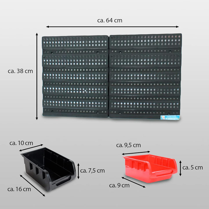 TRUTZHOLM Stapelboxen mit Wandregal 32 TLG Kleinteilemagazin Schütten mit Etikettenfach (rot)