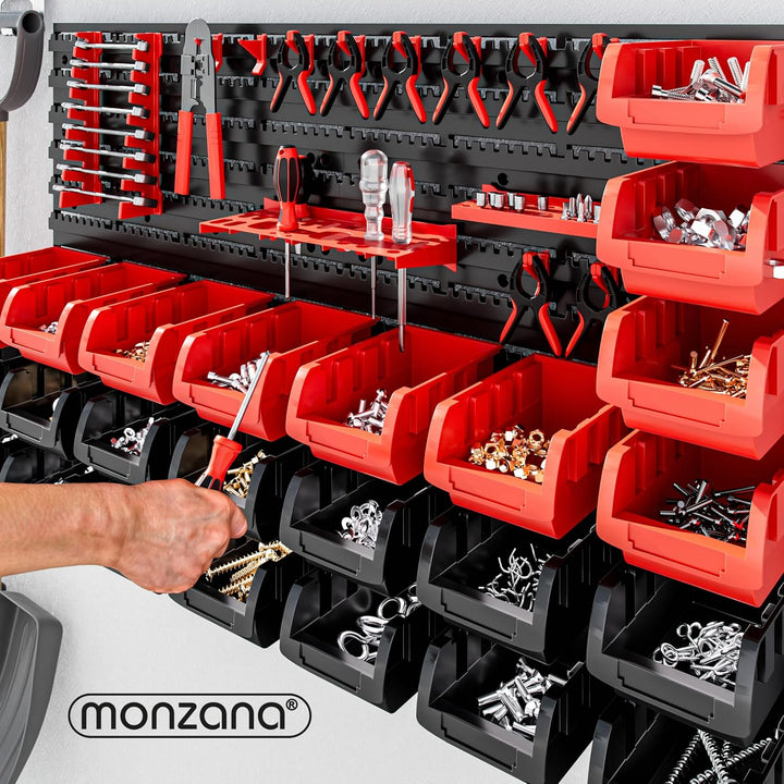 DEUBA® Wandregal mit Stapelboxen und Werkzeughalter 43 tlg Box Erweiterbar Werkstattregal Werkzeuglo