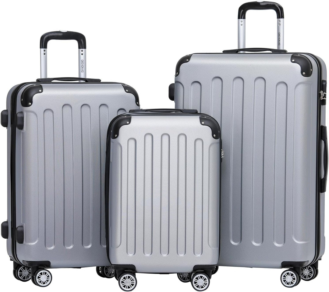 BEIBYE Hartschalen-Koffer Trolley Rollkoffer Reisekoffer Handgepäck 4 Rollen (M-L-XL-Set) (Silber, S