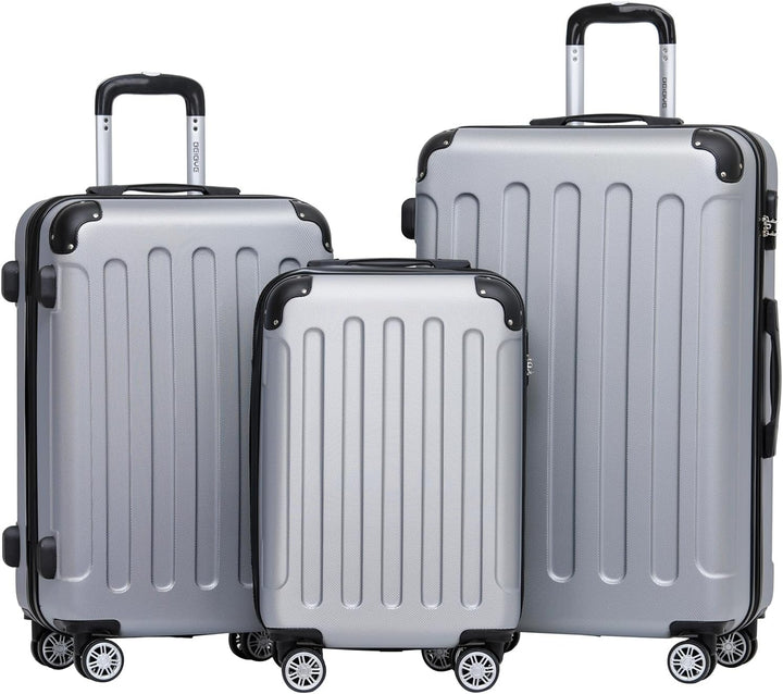 BEIBYE Hartschalen-Koffer Trolley Rollkoffer Reisekoffer Handgepäck 4 Rollen (M-L-XL-Set) (Silber, S