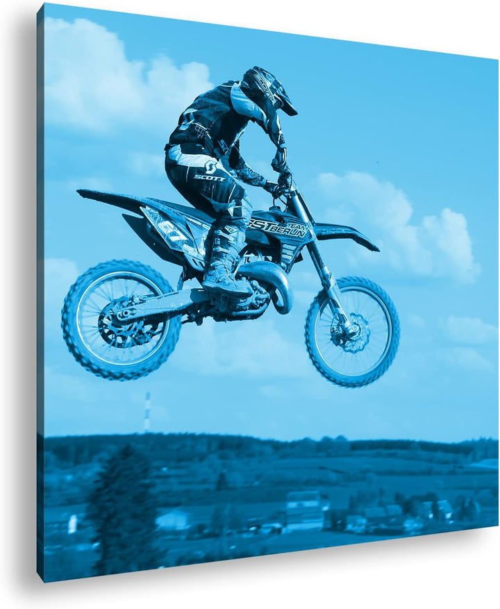 deyoli Motocross Stunt Format: 70x70 Effekt: Monocrome Blau als Leinwandbild, Motiv fertig gerahmt a