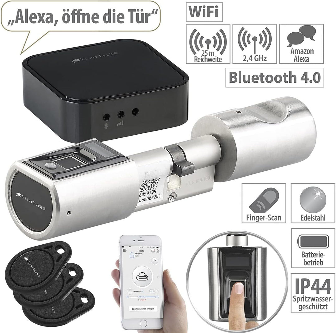 VisorTech Fingerprint Türschloss: Elektronischer Tür-Schliesszylinder, Fingerprint, Transponder, Gat