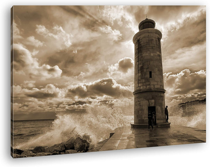 deyoli Leuchtturm in der Brandung Format: 100x70 Effekt: Sepia als Leinwand, Motiv fertig gerahmt au
