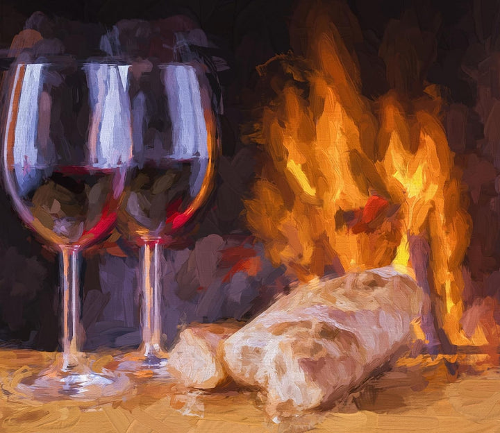 Wein und Baguette am Kamin Herdabdeckplatte & Spritzschutz aus Echtglas | Für Herd-Kochfelder | 60x5