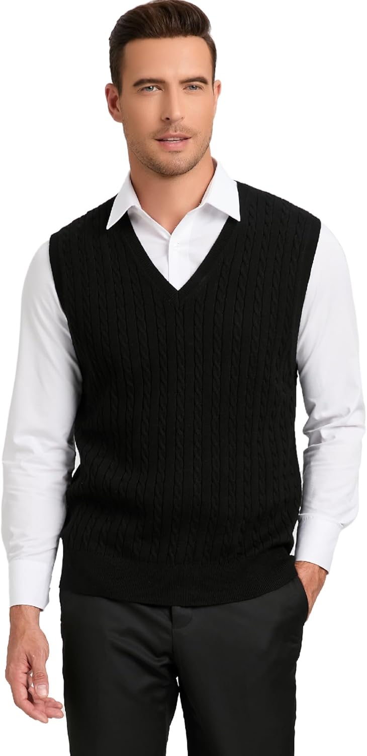 Kallspin Herren Strickweste Pulunder Ärmellos Zopfstrick V-Ausschnitt aus Wollmischung S Schwarz, S