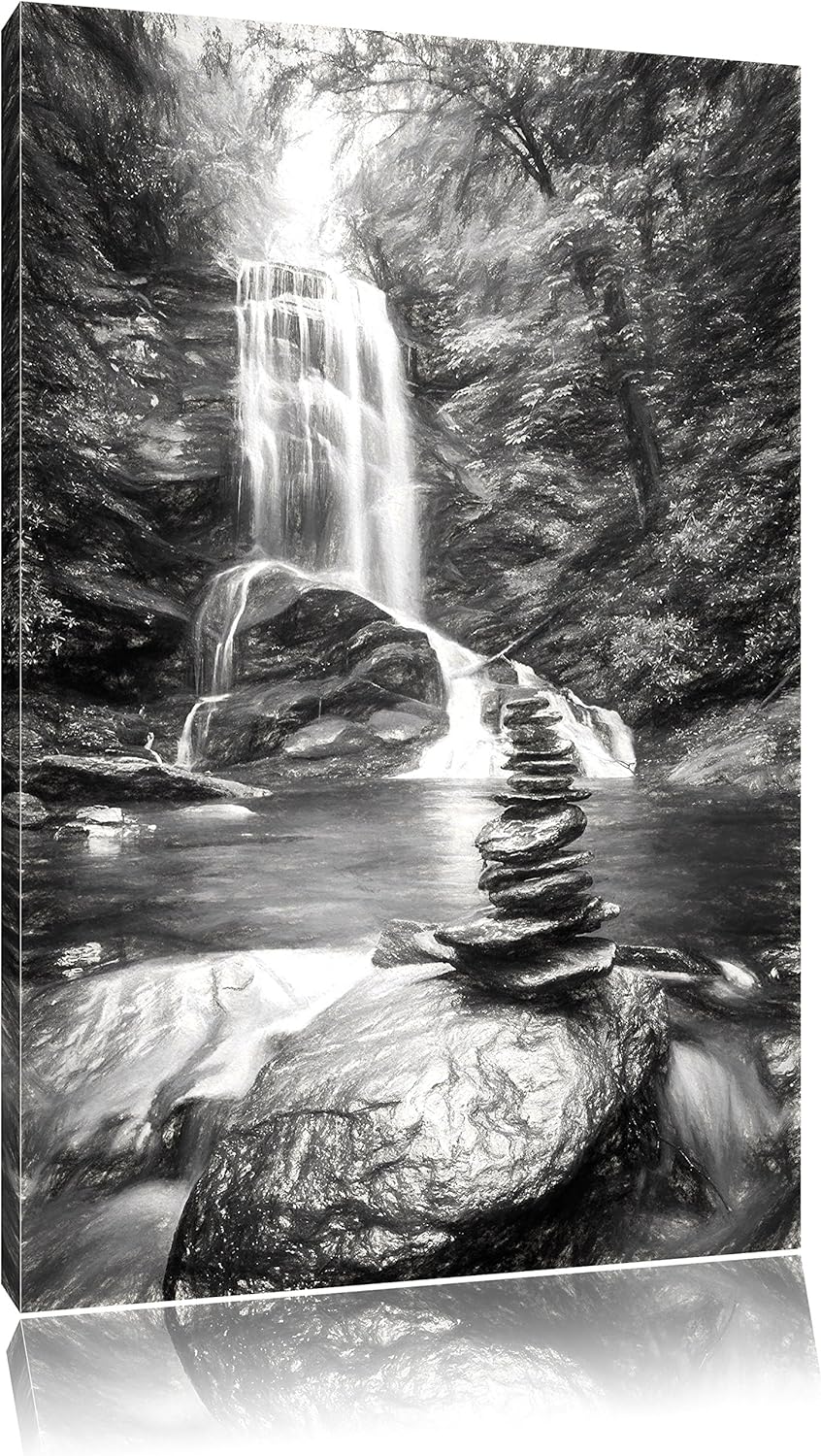 Pixxprint Zen Steine vor Wasserfall Kunst Kohle Effekt, Format: 100x70 auf Leinwand, XXL riesige Bil