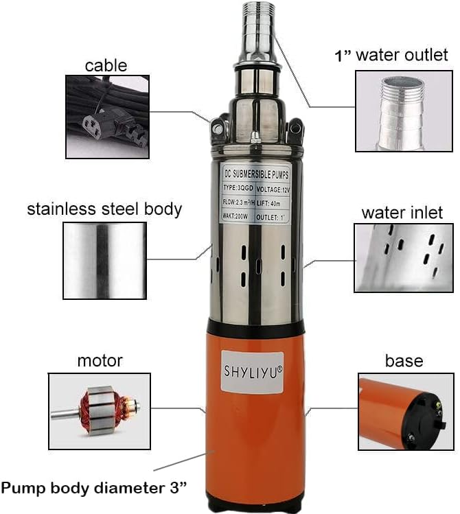 SHYLIYU Tiefbrunnen-Tauchpumpe 12V 200W Solar-Tauchwasserpumpe 2300L / H Brunnenpumpe für Industrieh