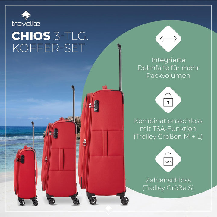 travelite 4-Rad Koffer Set Weichschale, Grössen L/M/S, Serie CHIOS Trolley Set in zeitloser Optik, H